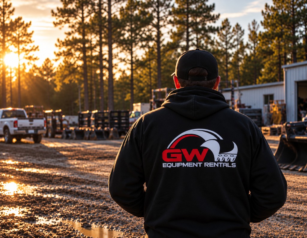 GW Equipment Rentals crew member in branded hoodie